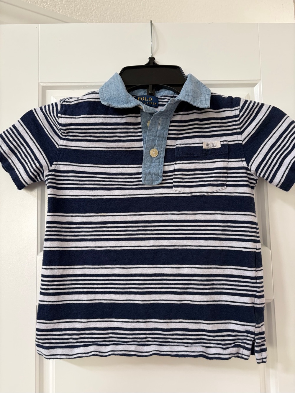 Polo by Ralph Lauren Navy & White Striped Polo with Chambray Collar